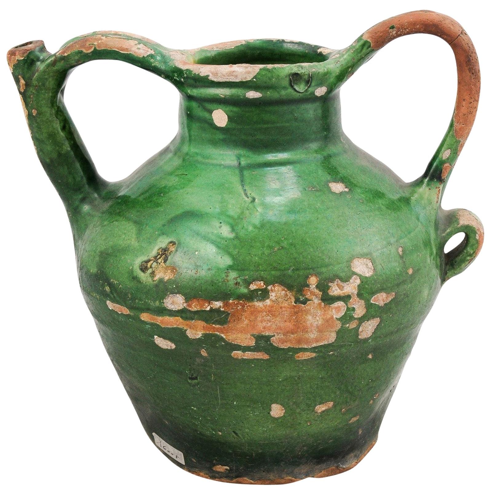 French Provincial 1850s Green Glazed Pottery Olive Oil Jug with Large Handles