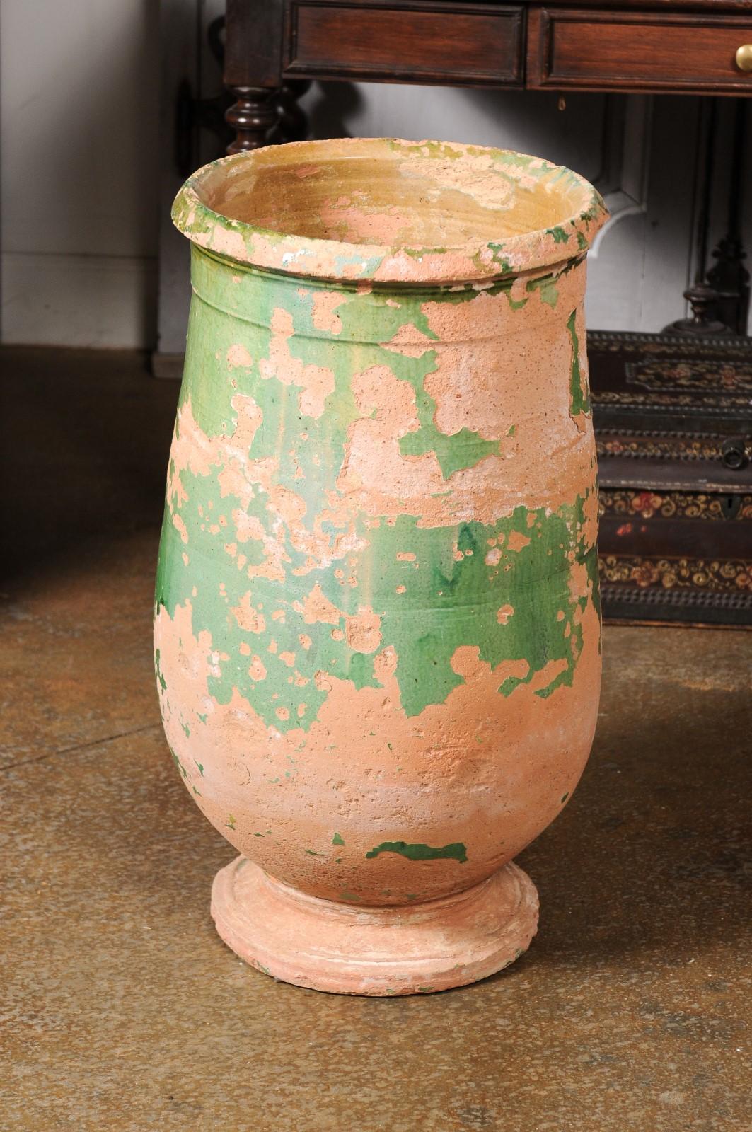French Provincial 1880s Green Glazed Oblong Terracotta Jar with Weathered Patina For Sale 4