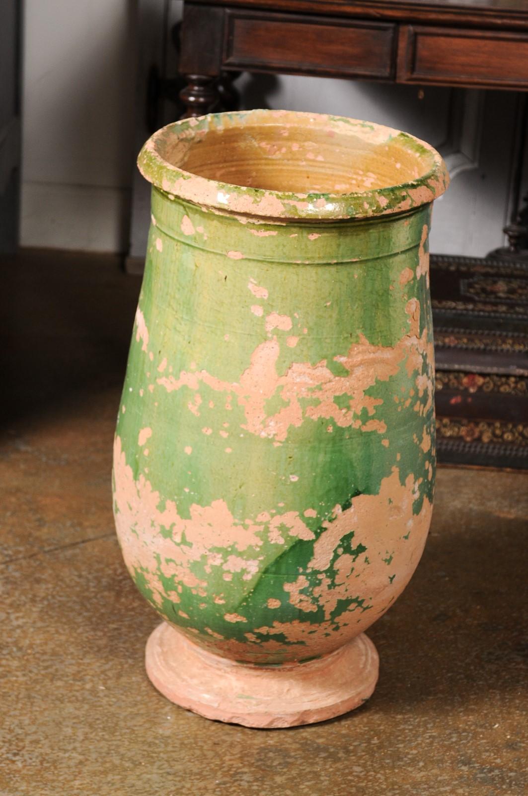 French Provincial 1880s Green Glazed Oblong Terracotta Jar with Weathered Patina For Sale 5
