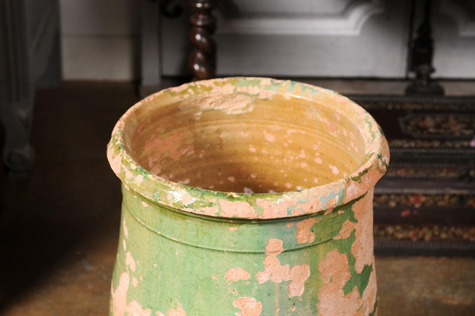 Unglazed French Provincial 1880s Green Glazed Oblong Terracotta Jar with Weathered Patina For Sale