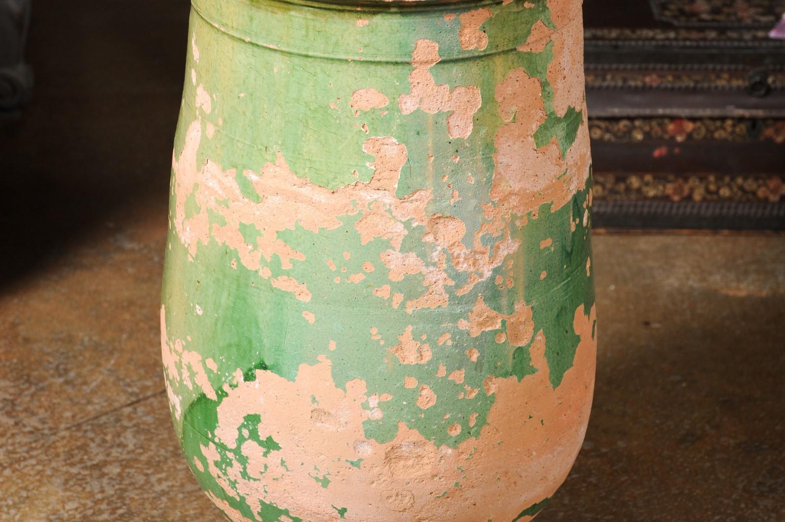 French Provincial 1880s Green Glazed Oblong Terracotta Jar with Weathered Patina In Good Condition For Sale In Atlanta, GA