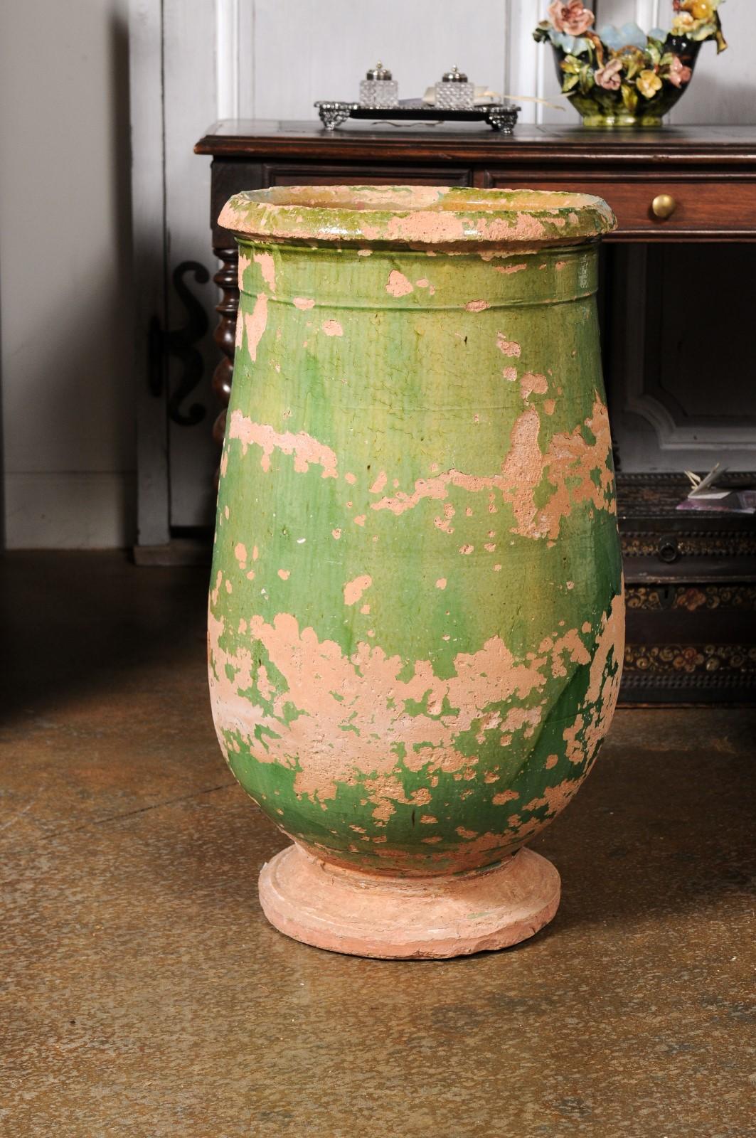 French Provincial 1880s Green Glazed Oblong Terracotta Jar with Weathered Patina For Sale 1