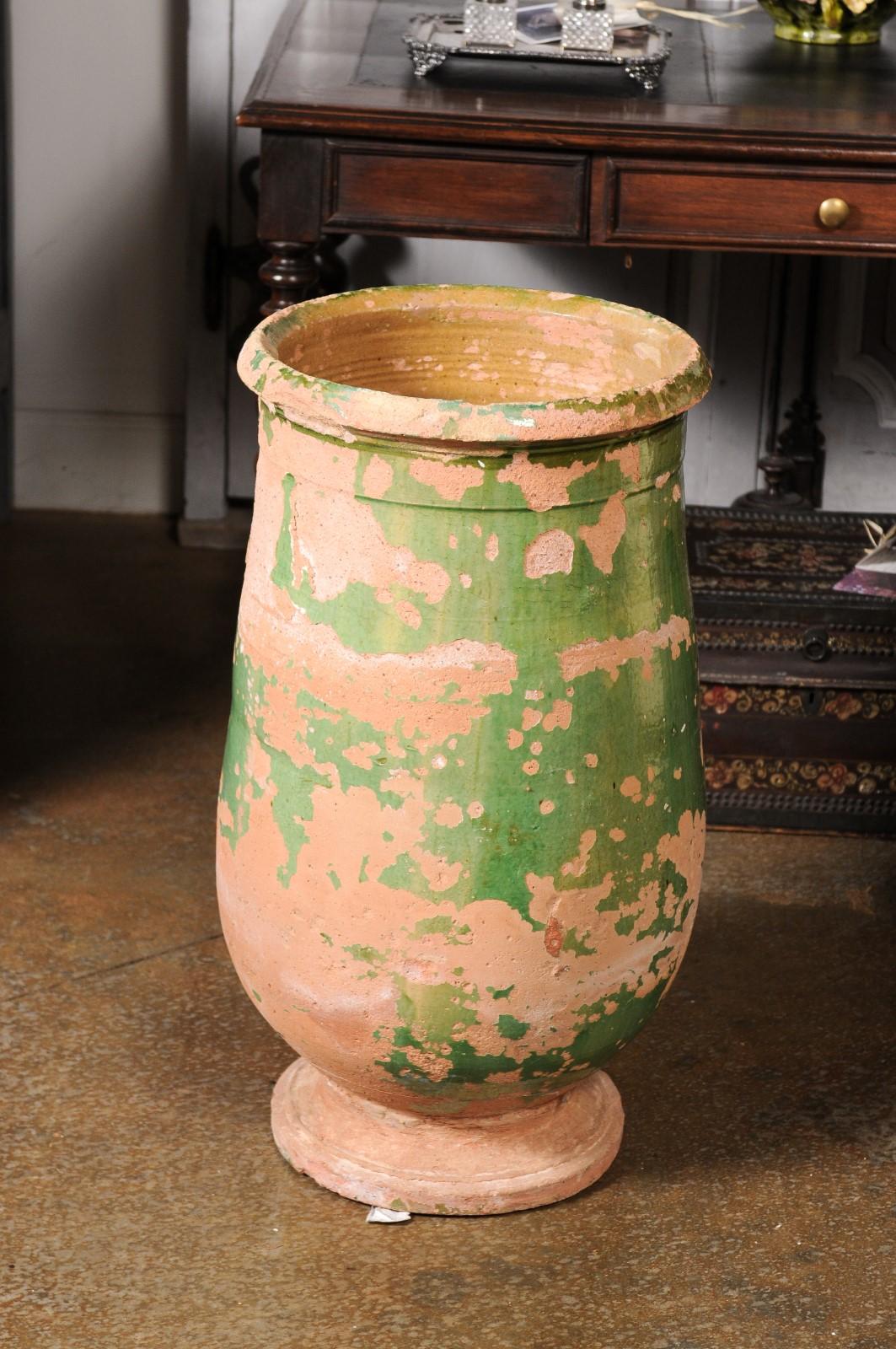 French Provincial 1880s Green Glazed Oblong Terracotta Jar with Weathered Patina For Sale 2