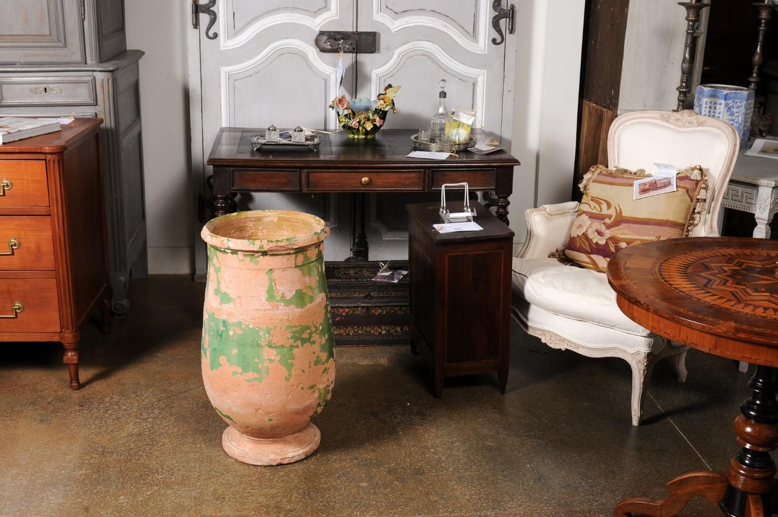 French Provincial 1880s Green Glazed Oblong Terracotta Jar with Weathered Patina For Sale 3