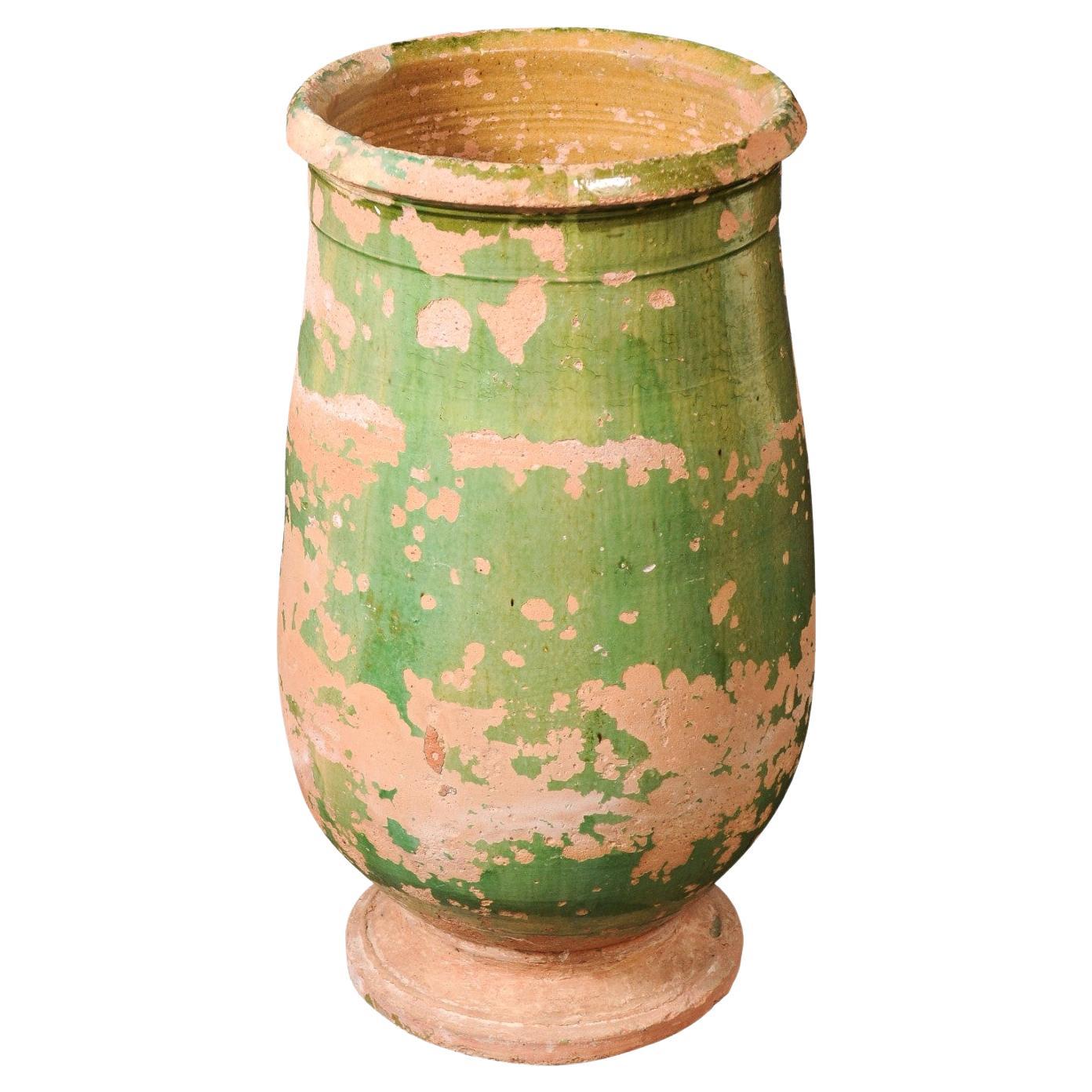 French Provincial 1880s Green Glazed Oblong Terracotta Jar with Weathered Patina