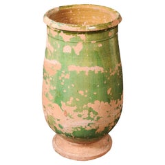 Antique French Provincial 1880s Green Glazed Oblong Terracotta Jar with Weathered Patina