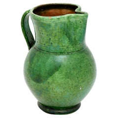 French Provincial 19th Century Country Pottery Pitcher with Green Glazed Body