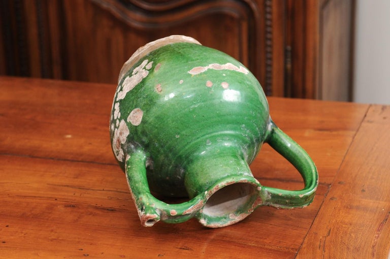 French Provincial 19th Century Distressed Green Glazed Pottery Jug For Sale 8