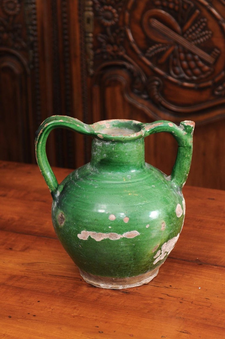 French Provincial 19th Century Distressed Green Glazed Pottery Jug For Sale 2