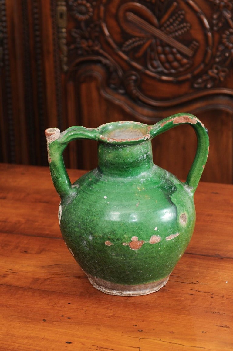 French Provincial 19th Century Distressed Green Glazed Pottery Jug For Sale 4