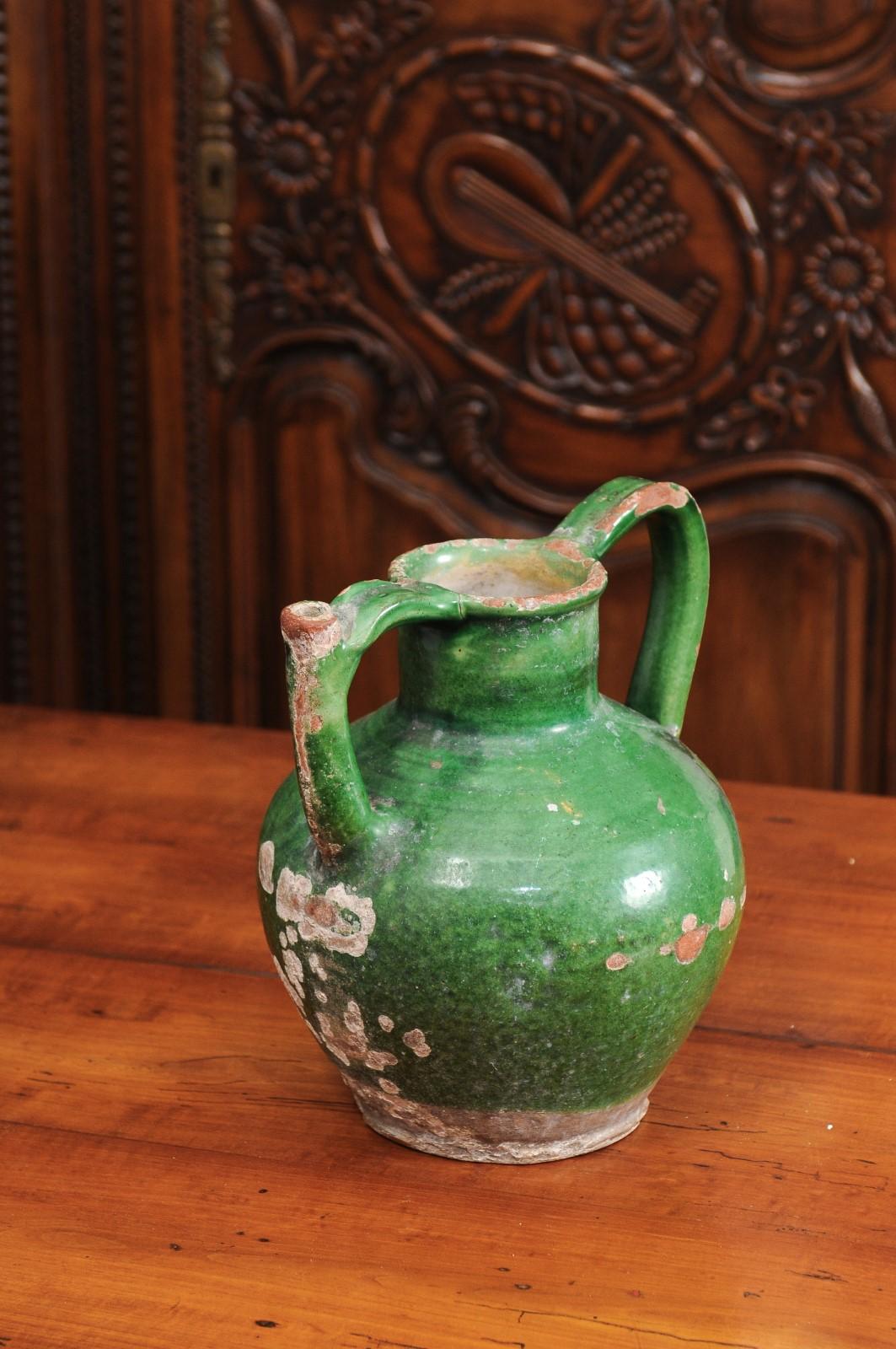 French Provincial 19th Century Distressed Green Glazed Pottery Jug 2