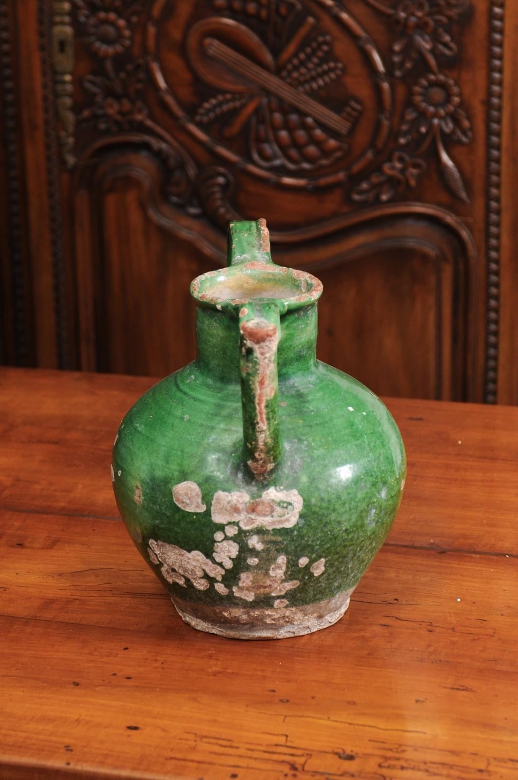 French Provincial 19th Century Distressed Green Glazed Pottery Jug 3