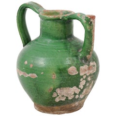French Provincial 19th Century Distressed Green Glazed Pottery Jug