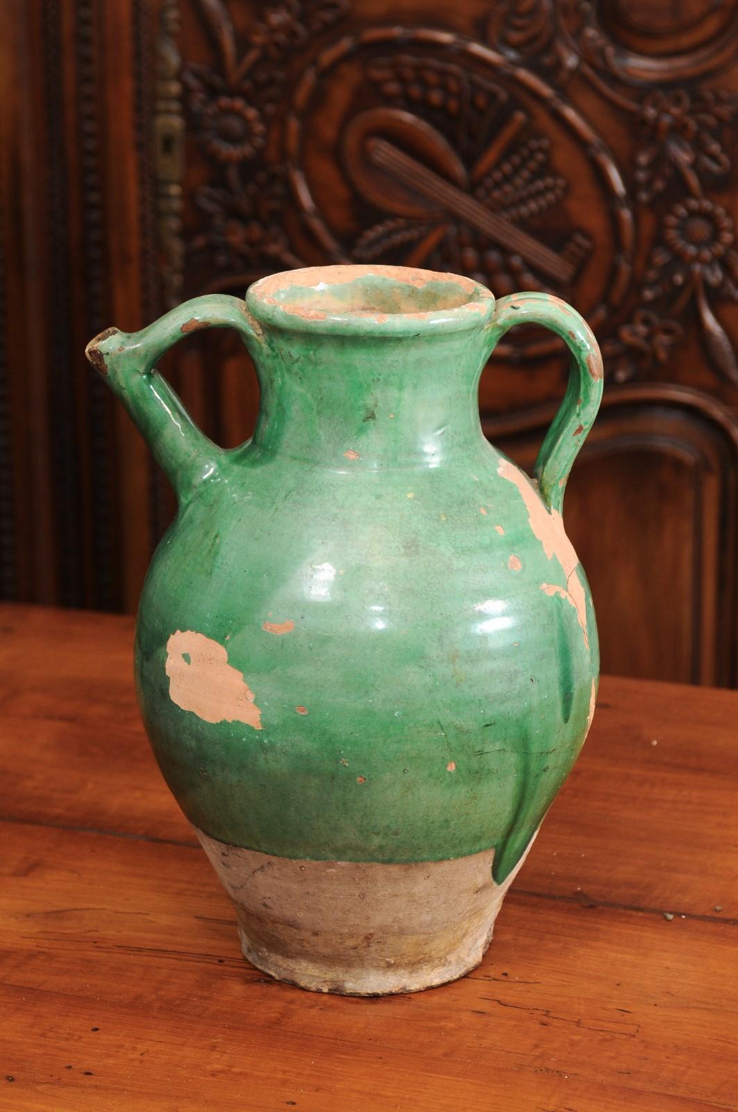 French Provincial 19th Century Distressed Green Glazed Pottery Jug with Spout For Sale 4