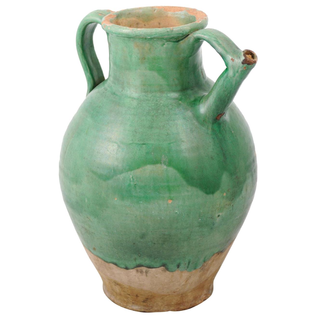 French Provincial 19th Century Distressed Green Glazed Pottery Jug with Spout For Sale