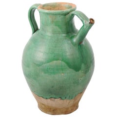 Antique French Provincial 19th Century Distressed Green Glazed Pottery Jug with Spout