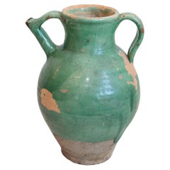 French Provincial 19th Century Distressed Green Glazed Pottery Jug with Spout
