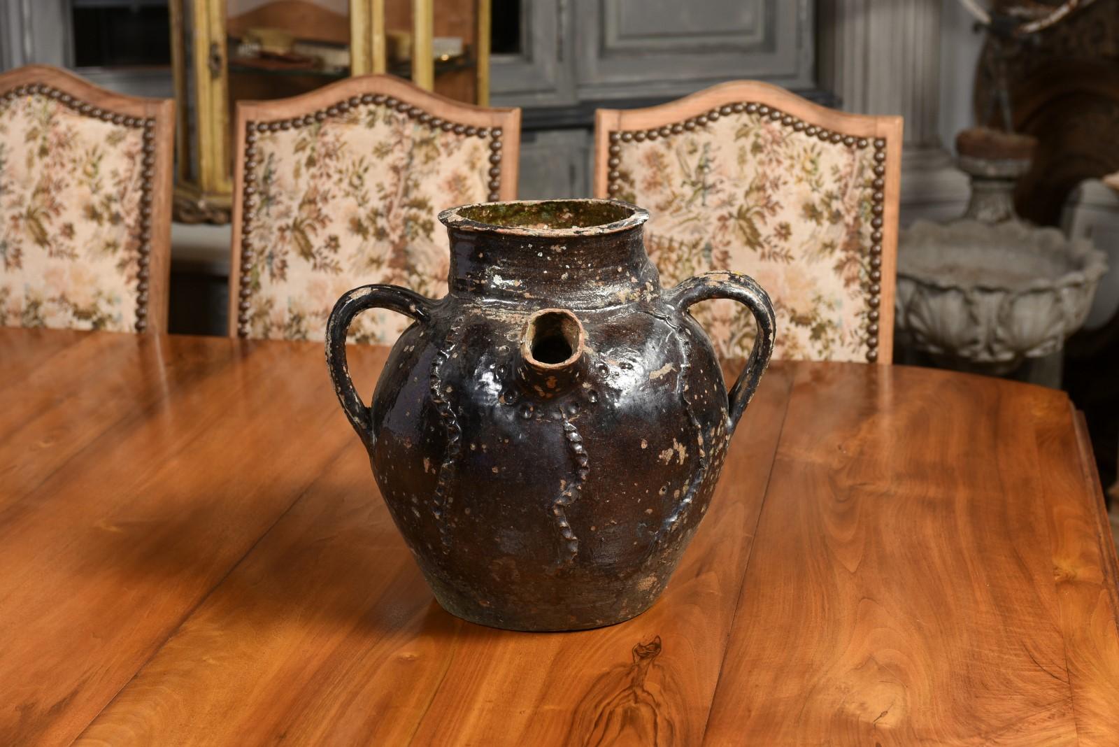 French Provincial 19th Century Glazed Pottery Pouring Jug with Three Handles For Sale 9