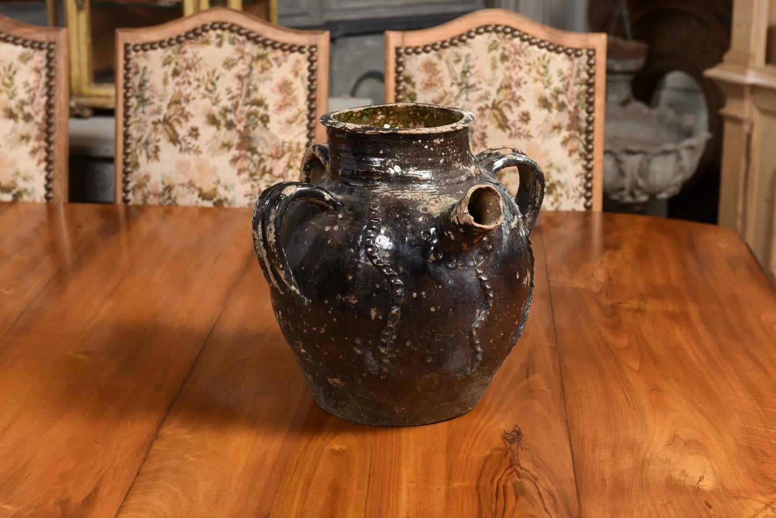 French Provincial 19th Century Glazed Pottery Pouring Jug with Three Handles In Good Condition For Sale In Atlanta, GA