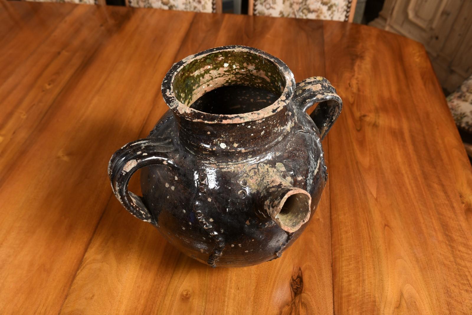 French Provincial 19th Century Glazed Pottery Pouring Jug with Three Handles For Sale 2