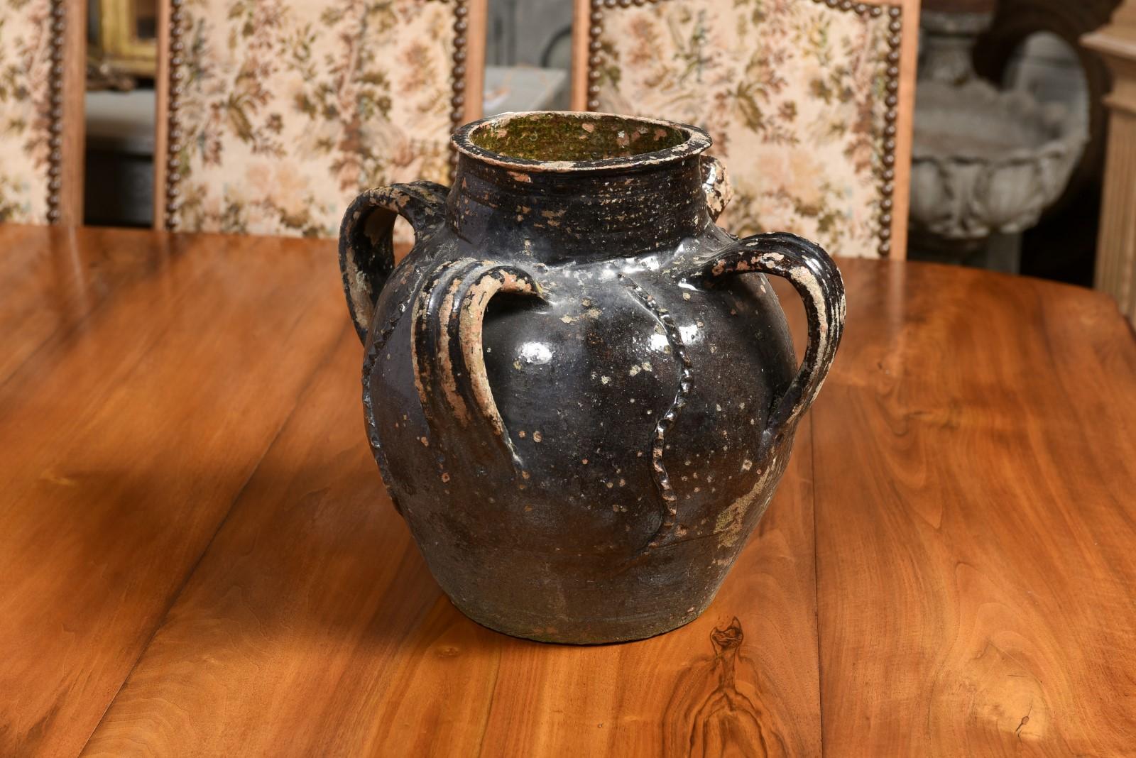 French Provincial 19th Century Glazed Pottery Pouring Jug with Three Handles For Sale 4