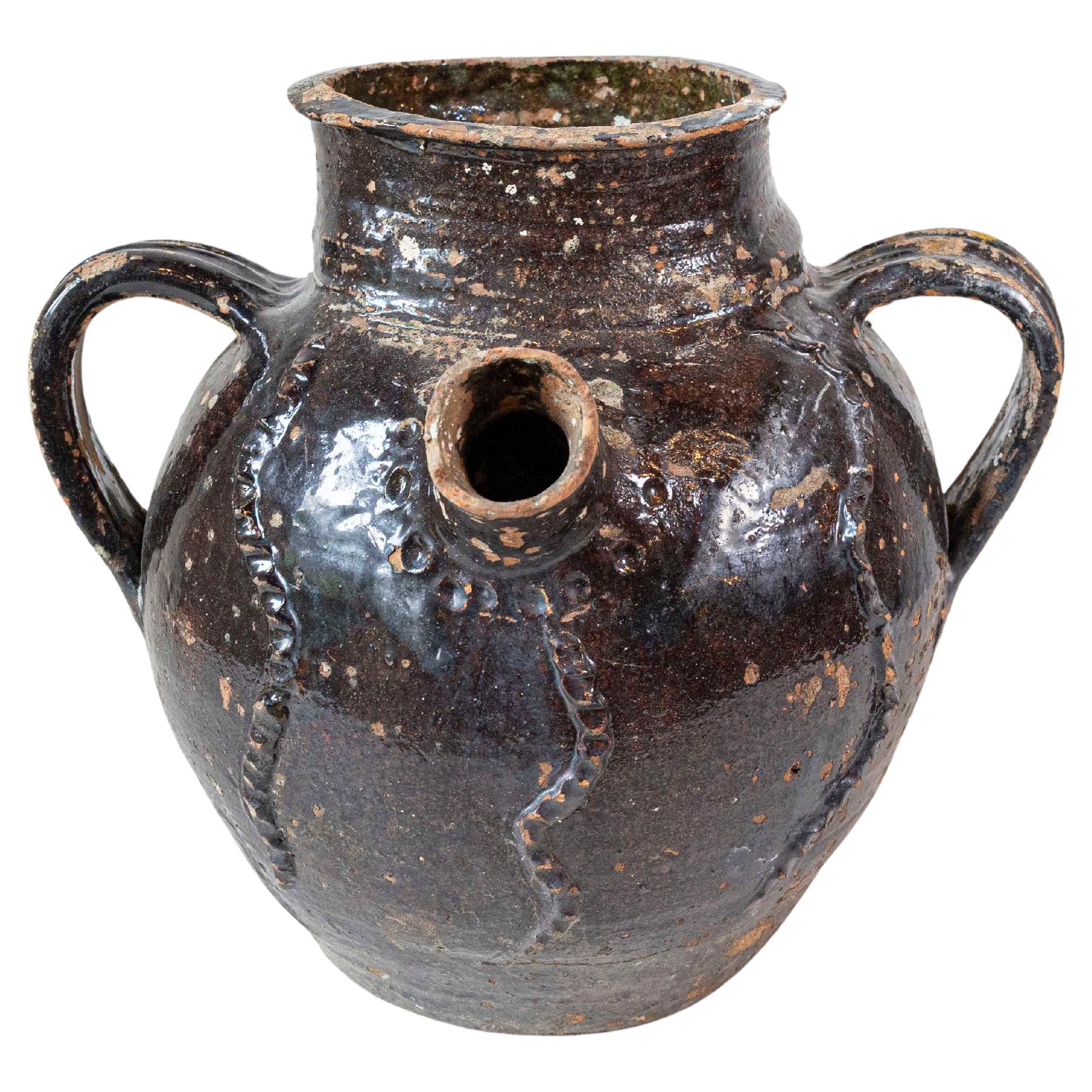 French Provincial 19th Century Glazed Pottery Pouring Jug with Three Handles