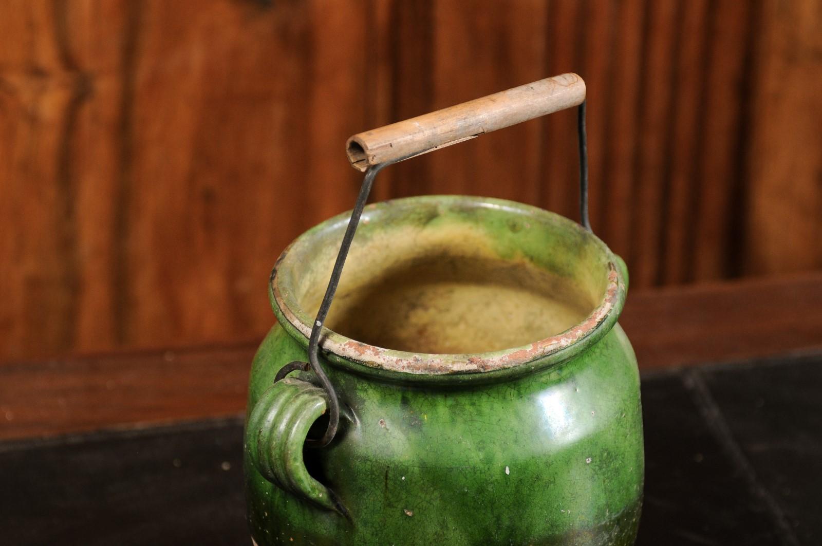 French Provincial 19th Century Green Glazed Confit Pot with Wooden Handle 8