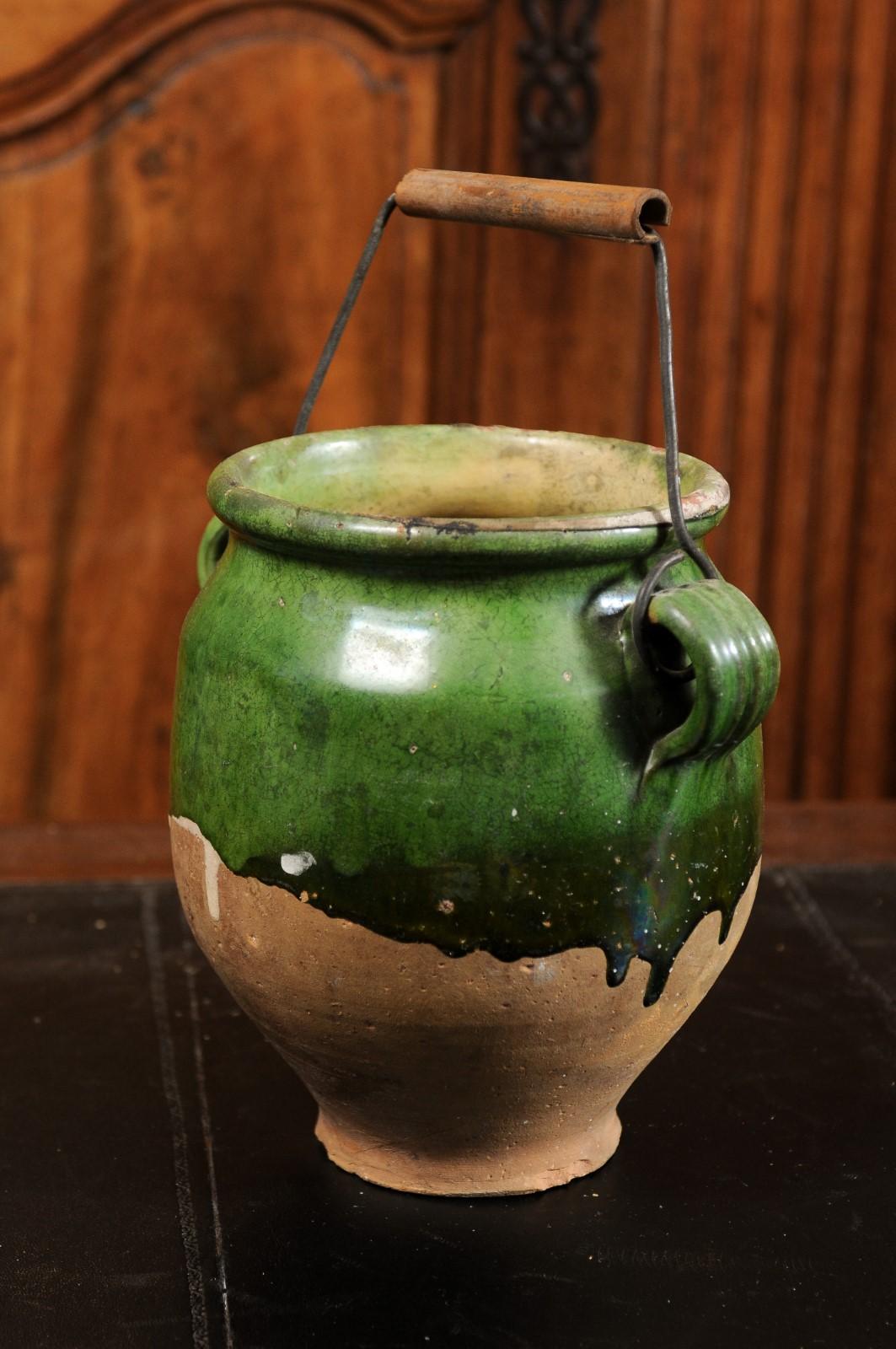 Unglazed French Provincial 19th Century Green Glazed Confit Pot with Wooden Handle