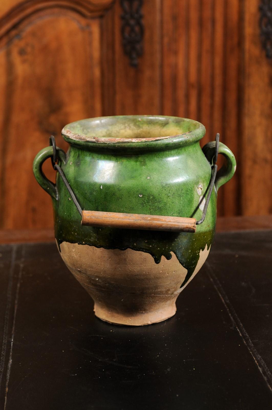 French Provincial 19th Century Green Glazed Confit Pot with Wooden Handle 3