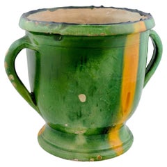 French Provincial 19th Century Green Glazed Jardinière with Yellow Accents