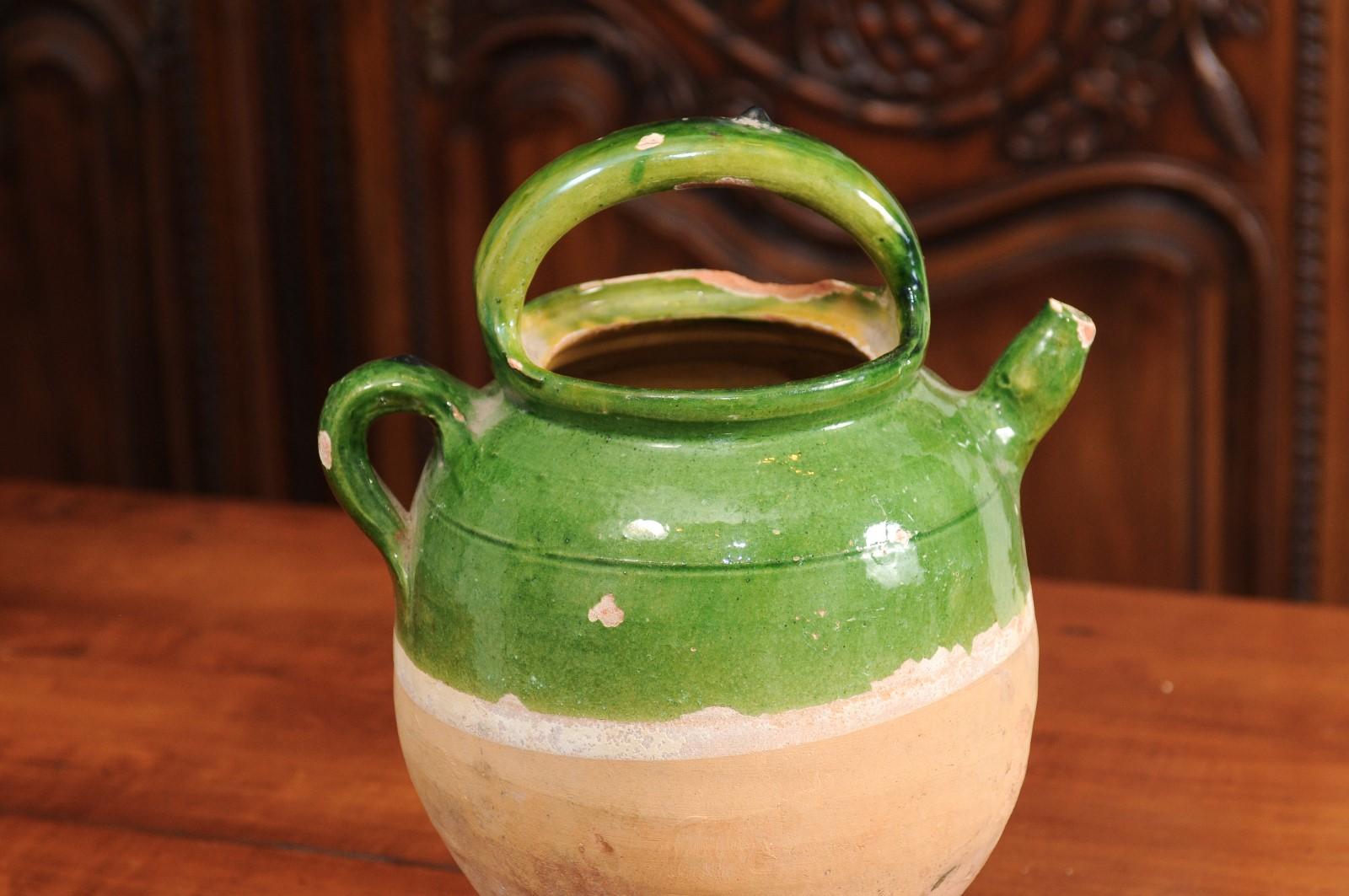 Terracotta French Provincial 19th Century Green Glazed Jug with Weathered Patina For Sale