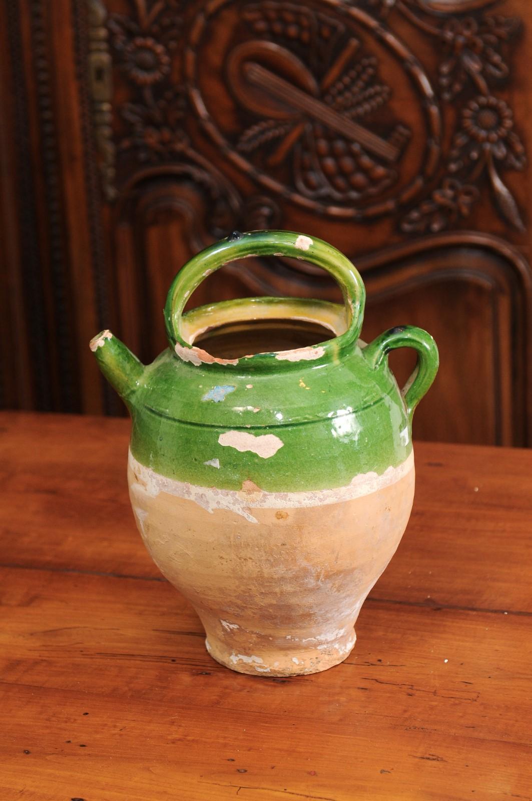 French Provincial 19th Century Green Glazed Jug with Weathered Patina For Sale 3