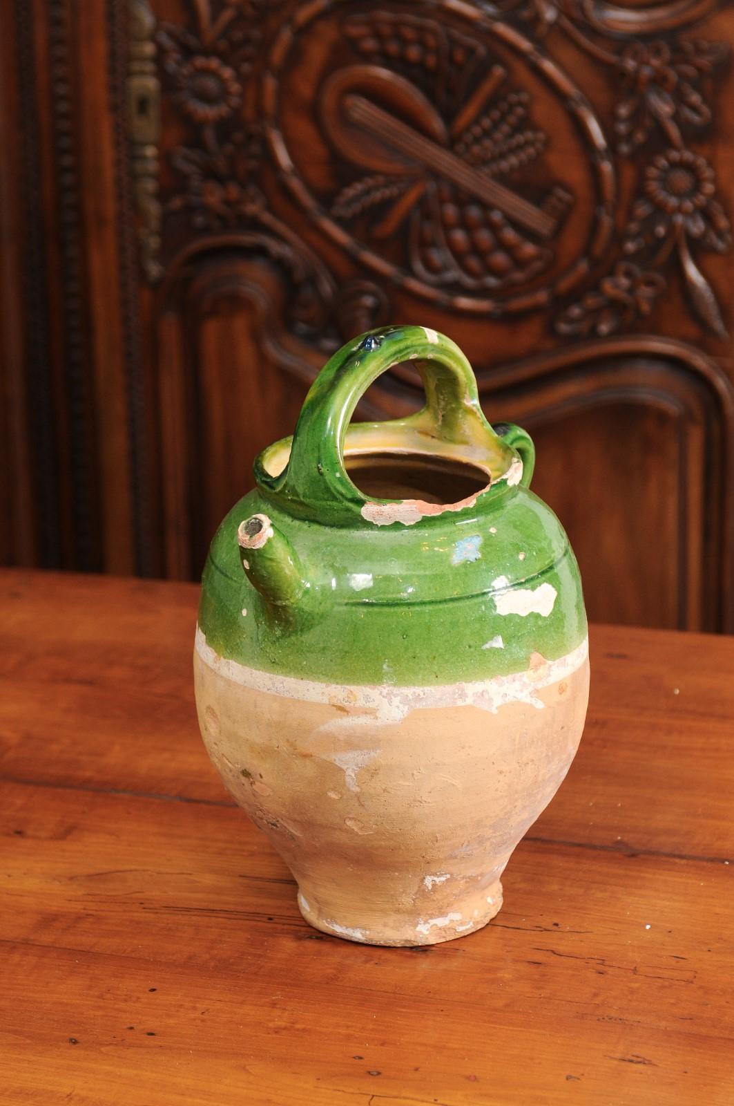 French Provincial 19th Century Green Glazed Jug with Weathered Patina For Sale 4