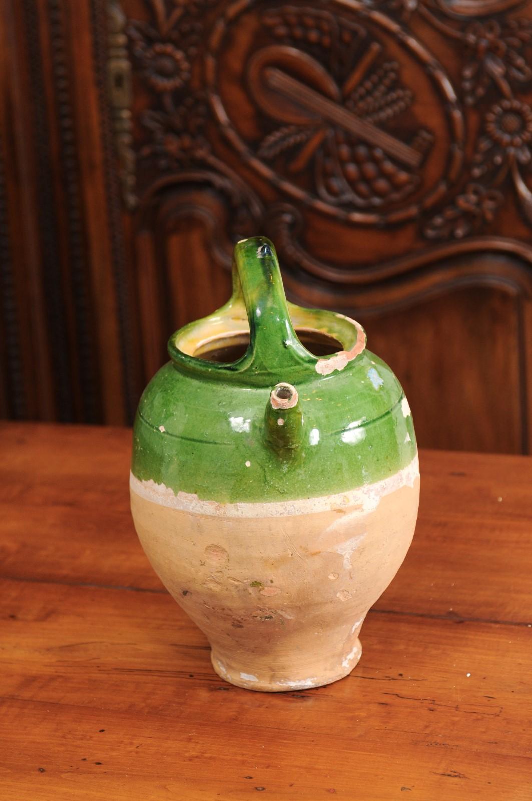 French Provincial 19th Century Green Glazed Jug with Weathered Patina For Sale 5