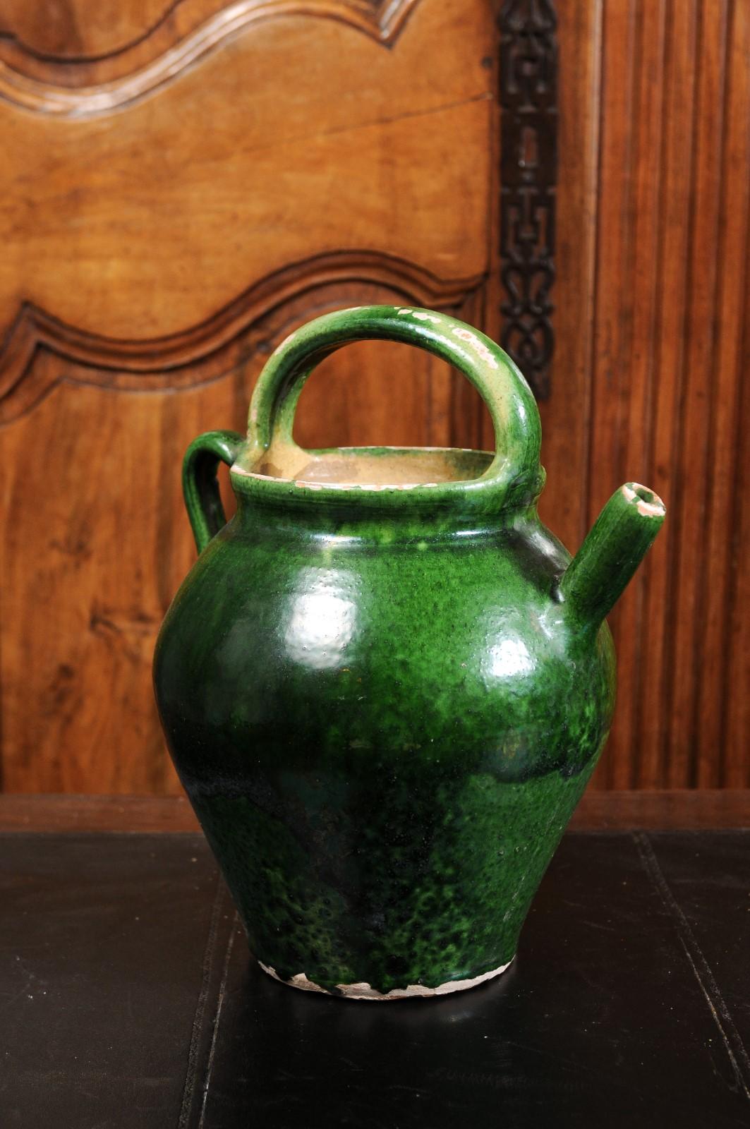 French Provincial 19th Century Green Glazed Olive Oil Jug with Distressed Patina 7
