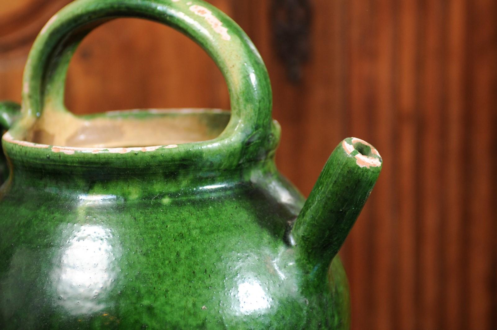 French Provincial 19th Century Green Glazed Olive Oil Jug with Distressed Patina 8