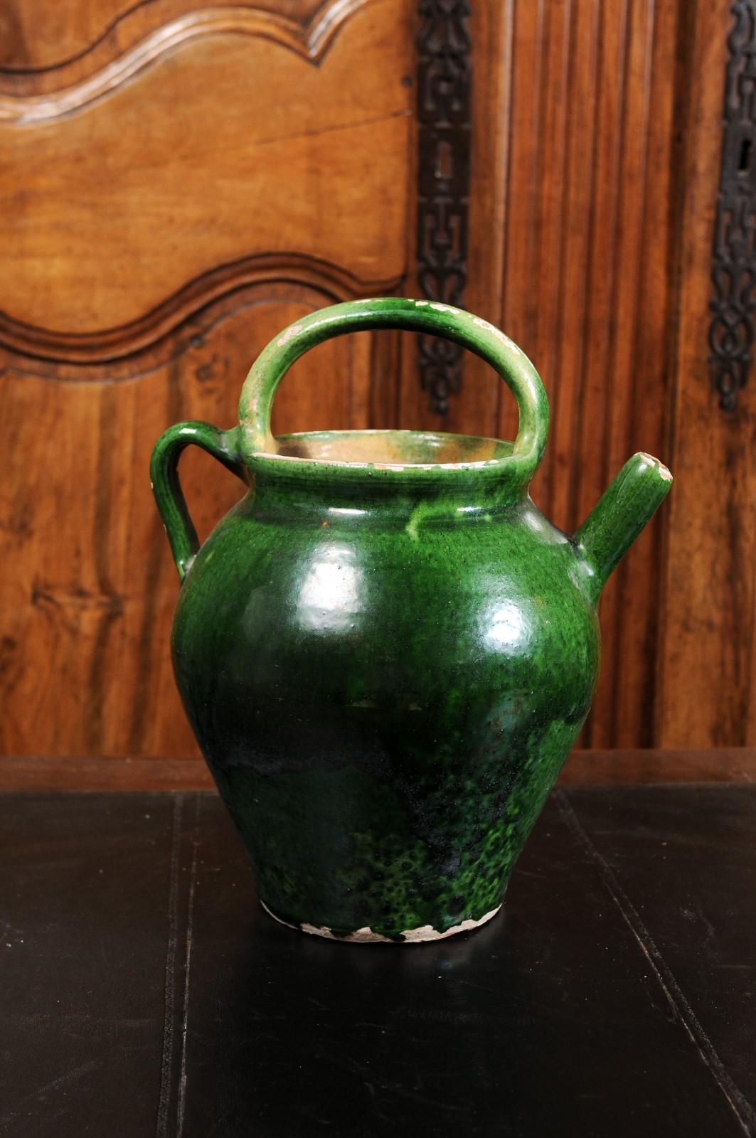 French Provincial 19th Century Green Glazed Olive Oil Jug with Distressed Patina 9