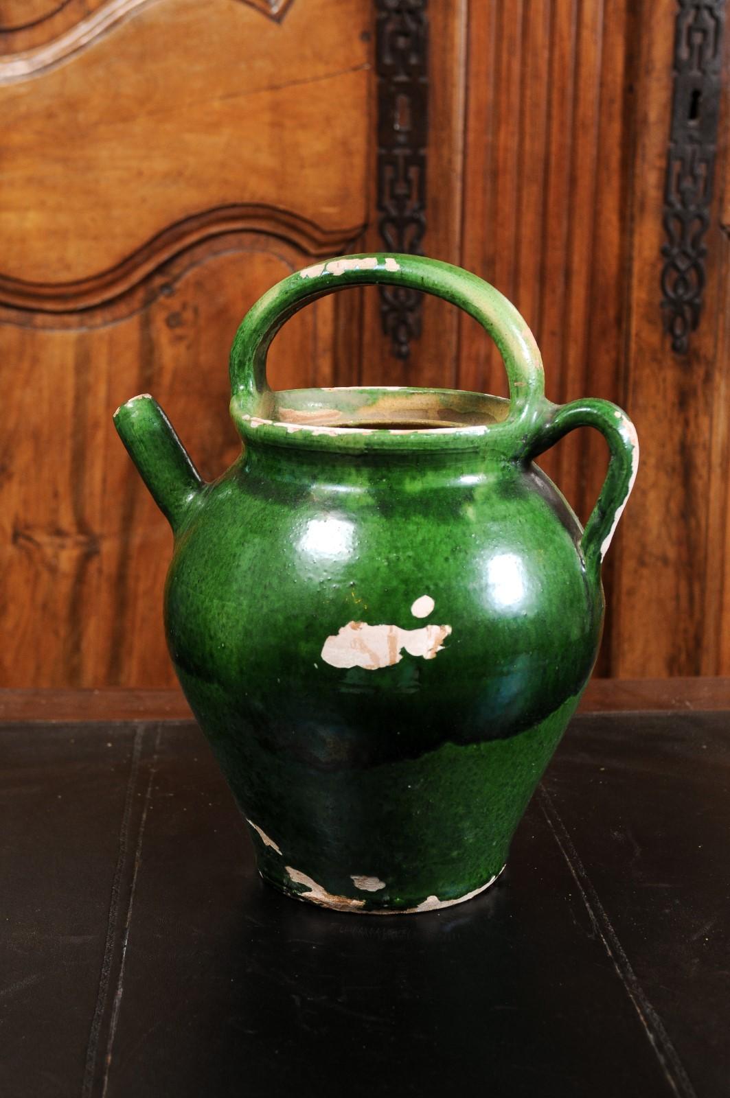 French Provincial 19th Century Green Glazed Olive Oil Jug with Distressed Patina 1