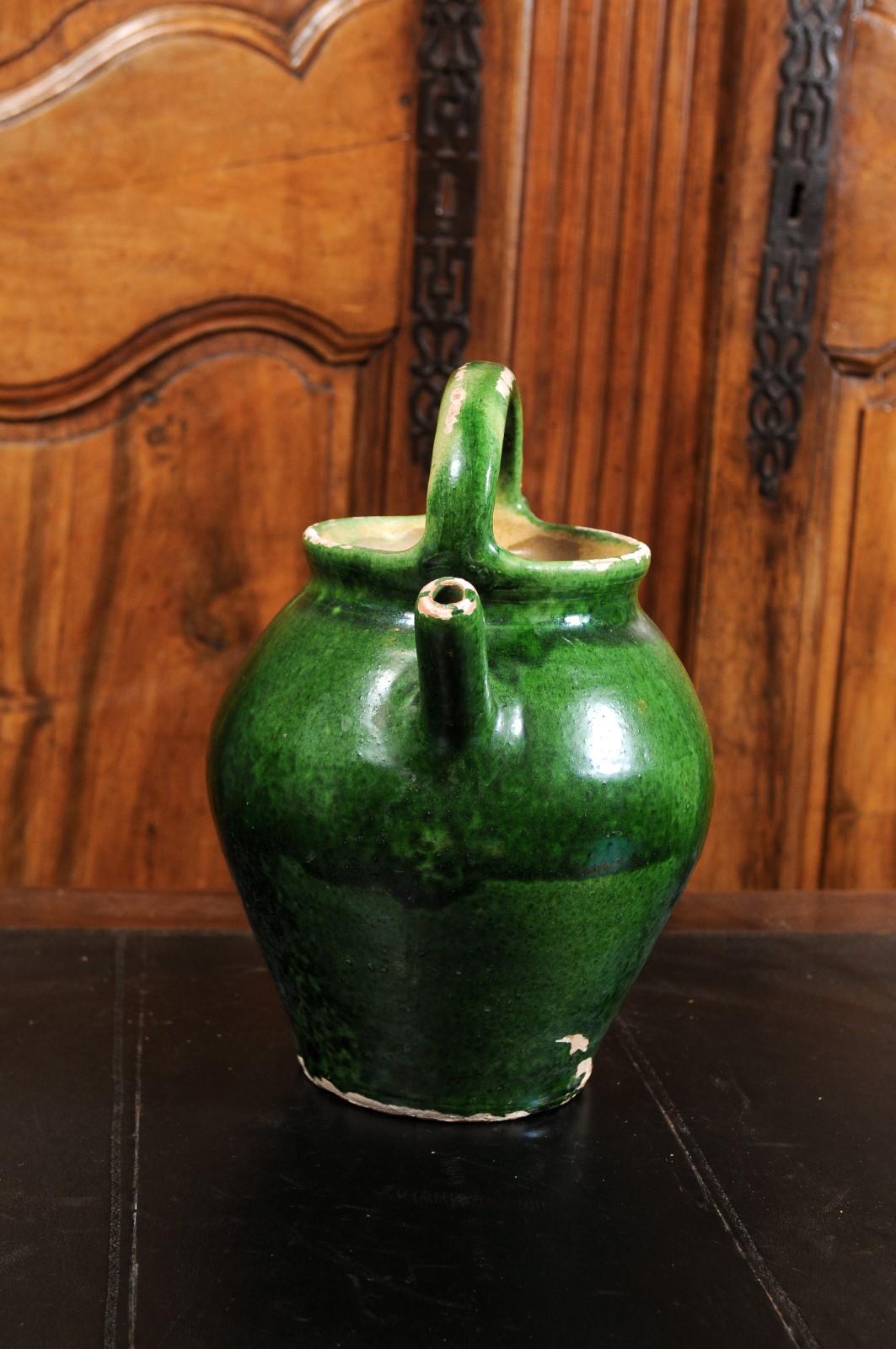 French Provincial 19th Century Green Glazed Olive Oil Jug with Distressed Patina 3