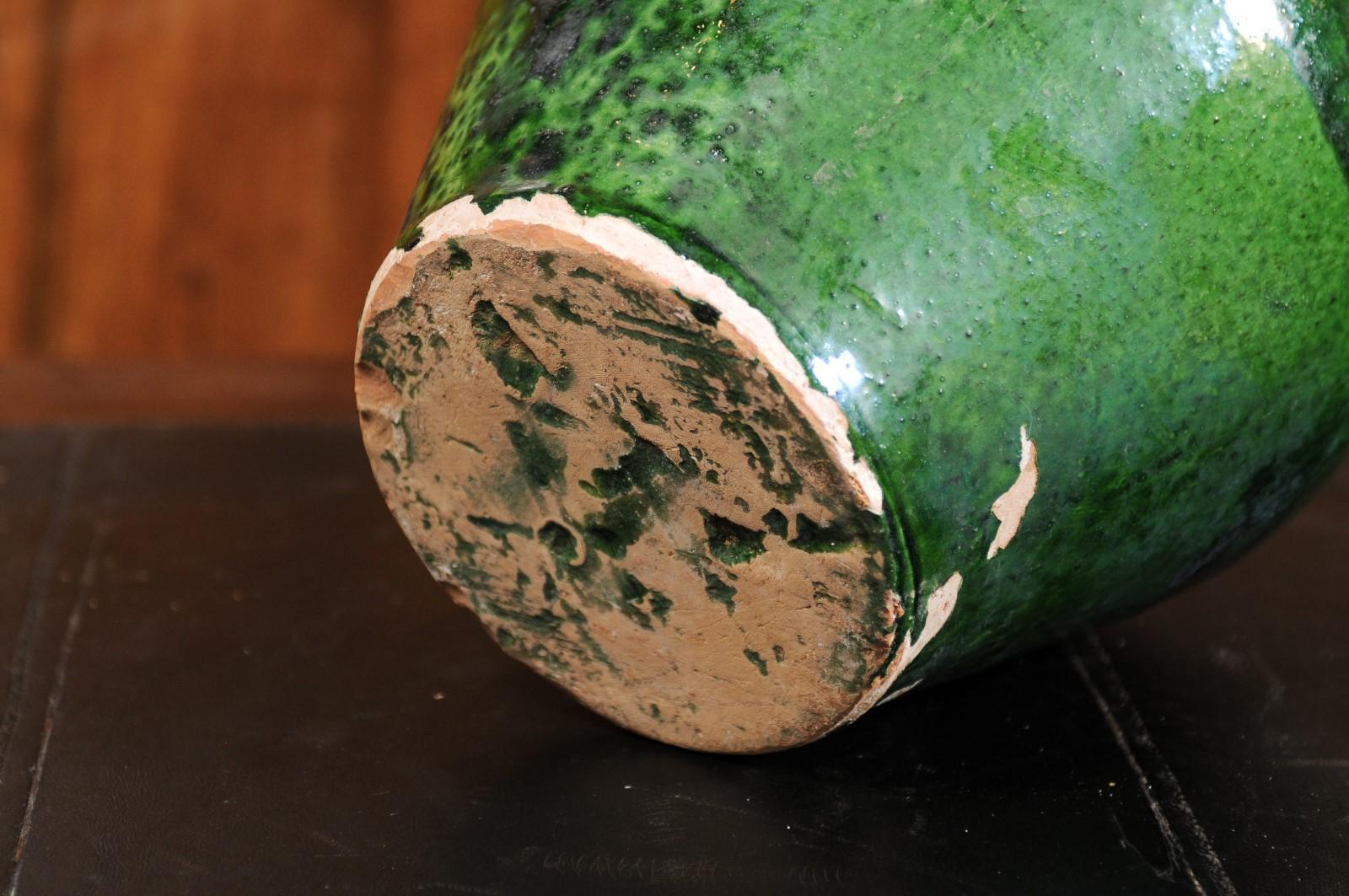 French Provincial 19th Century Green Glazed Olive Oil Jug with Distressed Patina 4