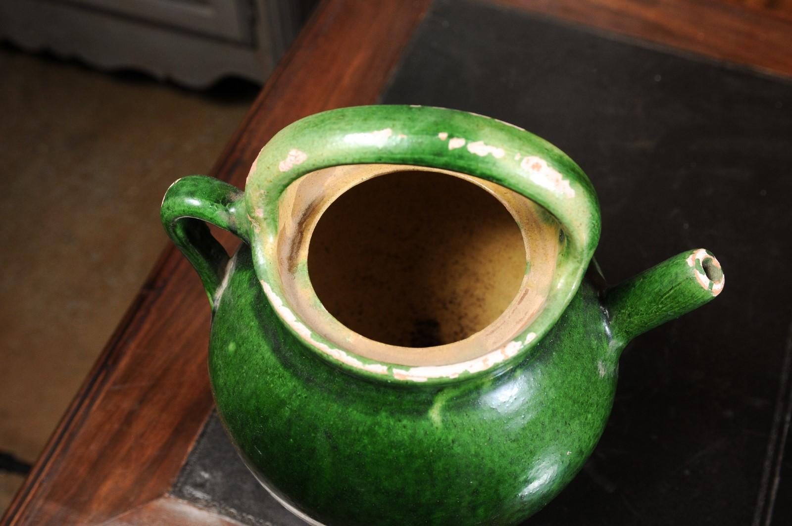 French Provincial 19th Century Green Glazed Olive Oil Jug with Distressed Patina 5