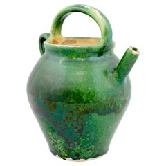 French Provincial 19th Century Green Glazed Olive Oil Jug with Distressed Patina