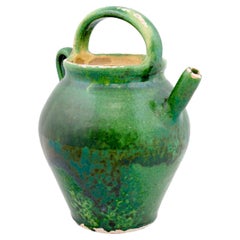 Antique French Provincial 19th Century Green Glazed Olive Oil Jug with Distressed Patina