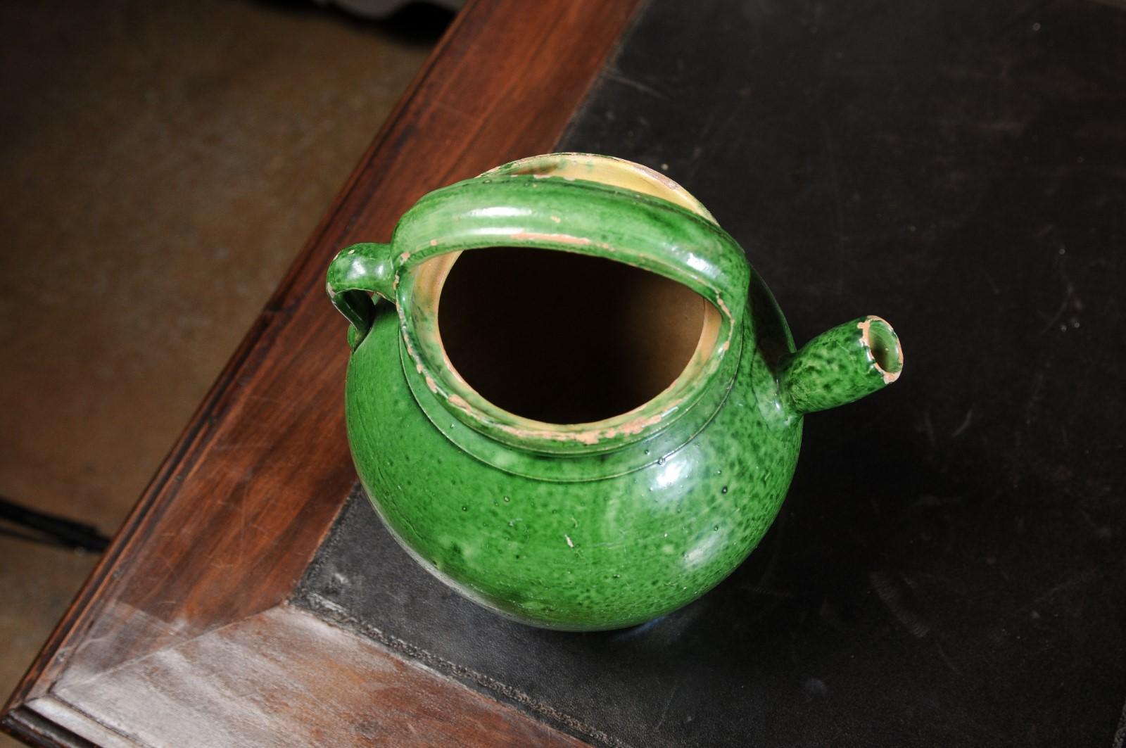 French Provincial 19th Century Green Glazed Olive Oil Jug with Weathered Patina 6