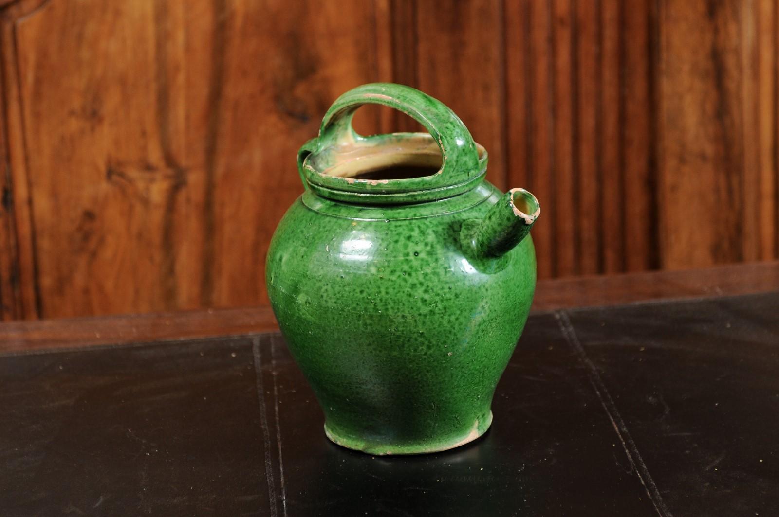 French Provincial 19th Century Green Glazed Olive Oil Jug with Weathered Patina 7