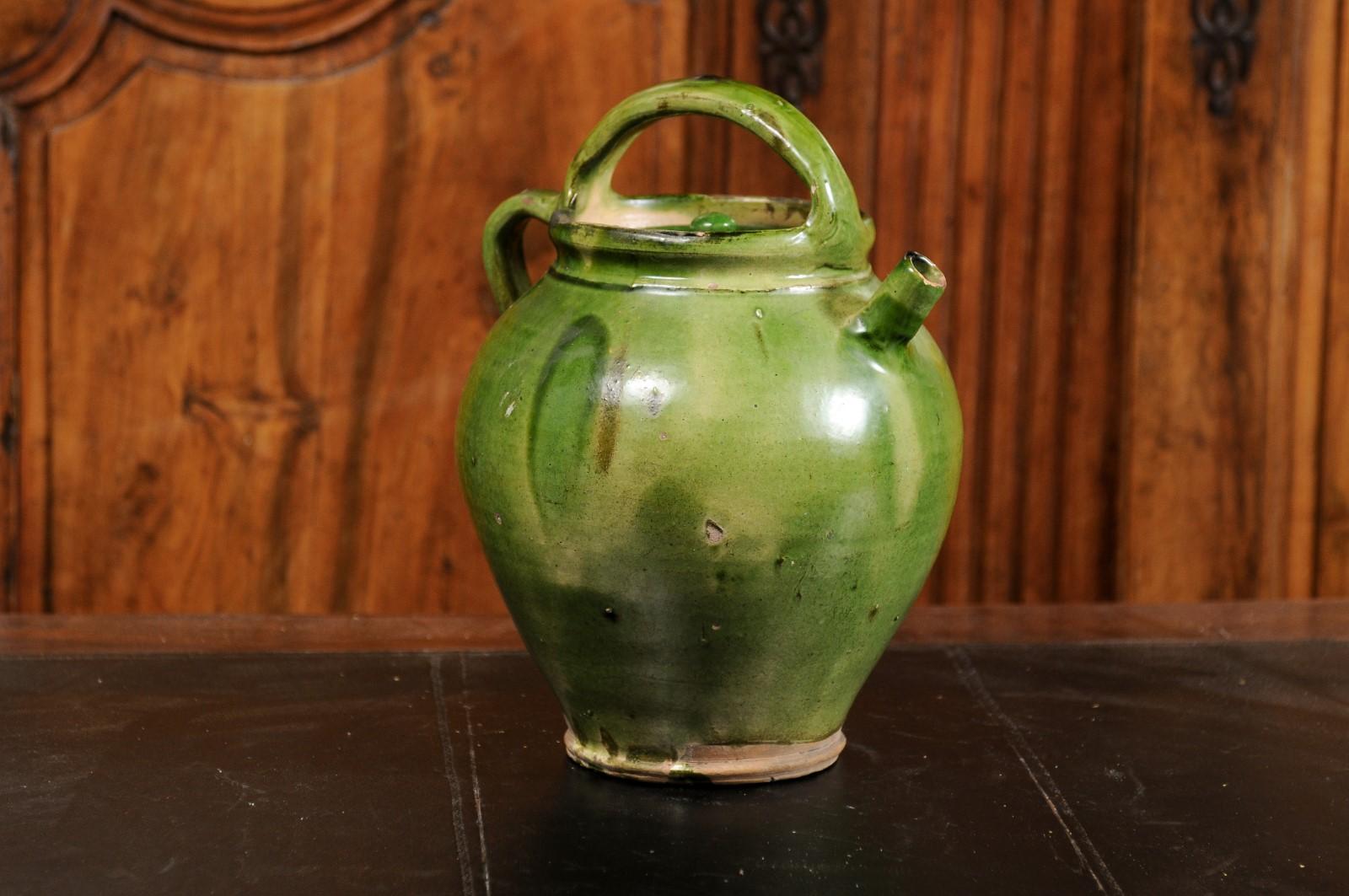 French Provincial 19th Century Green Glazed Olive Oil Jug with Weathered Patina 7