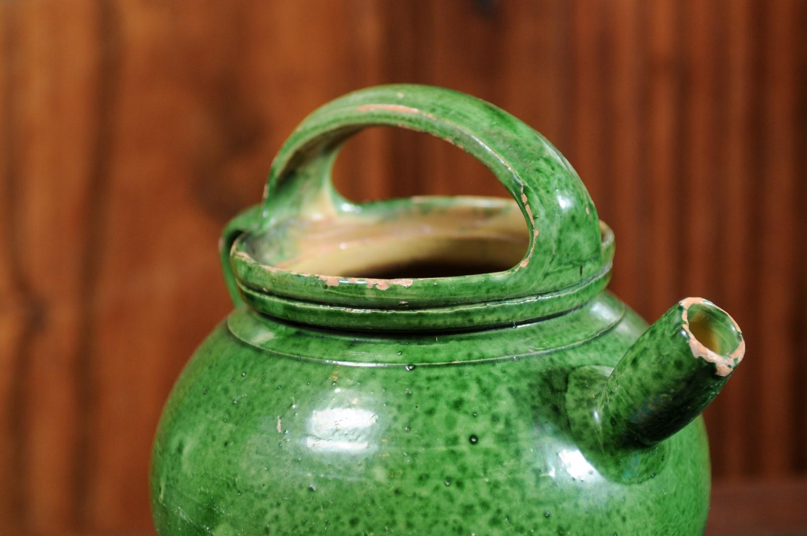 French Provincial 19th Century Green Glazed Olive Oil Jug with Weathered Patina 9