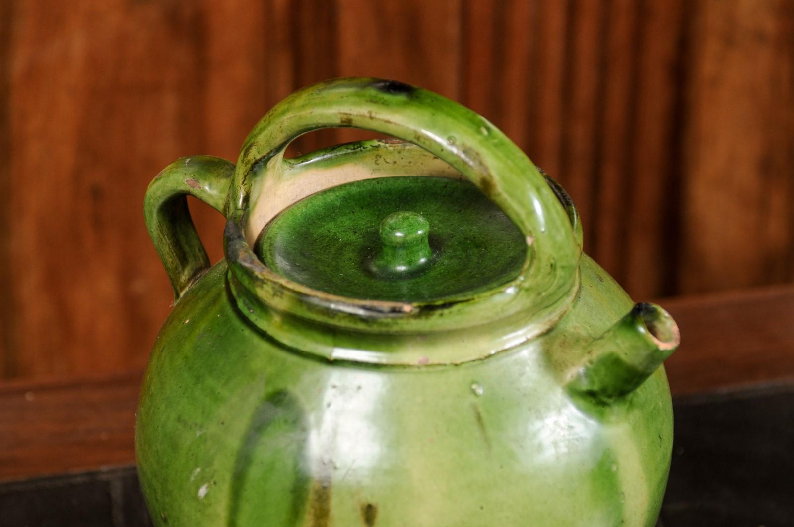 French Provincial 19th Century Green Glazed Olive Oil Jug with Weathered Patina 9