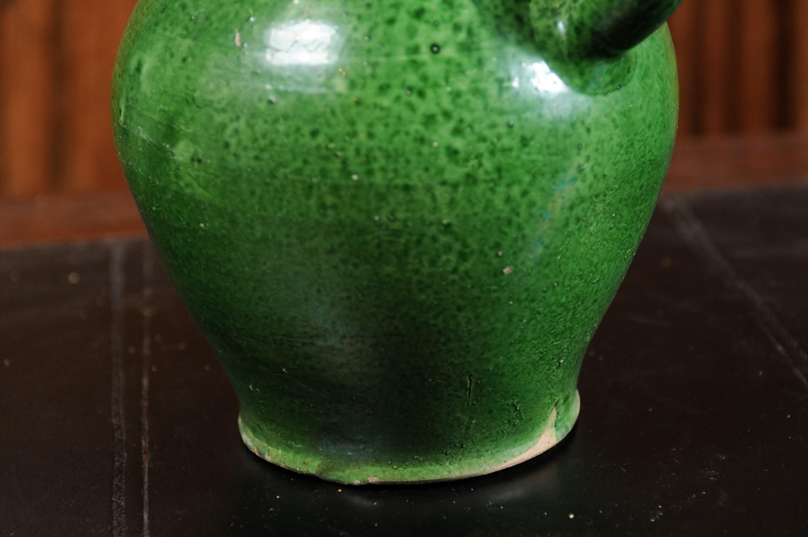 French Provincial 19th Century Green Glazed Olive Oil Jug with Weathered Patina 10