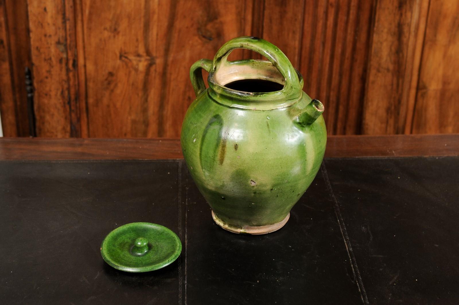 French Provincial 19th Century Green Glazed Olive Oil Jug with Weathered Patina 10